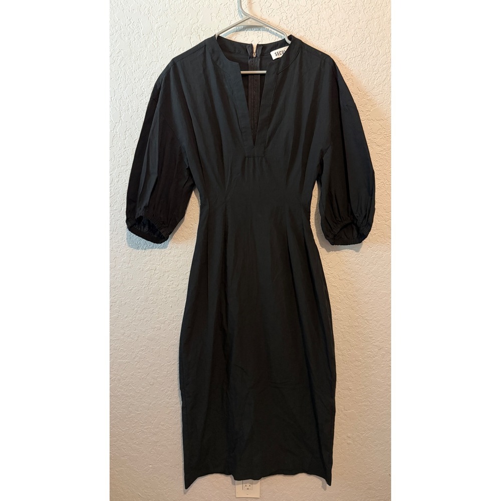 SECULAR Black V-Neck Puff Sleeve Midi Dress Size M Minimalist Chic Goth